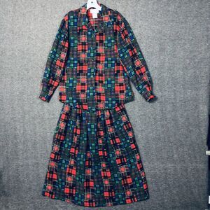 SKIRT BLOUSE SET Womens 10 Maxi 2 Pcs VTG 80s Unique Bold Plaid L/SLV USA Granny